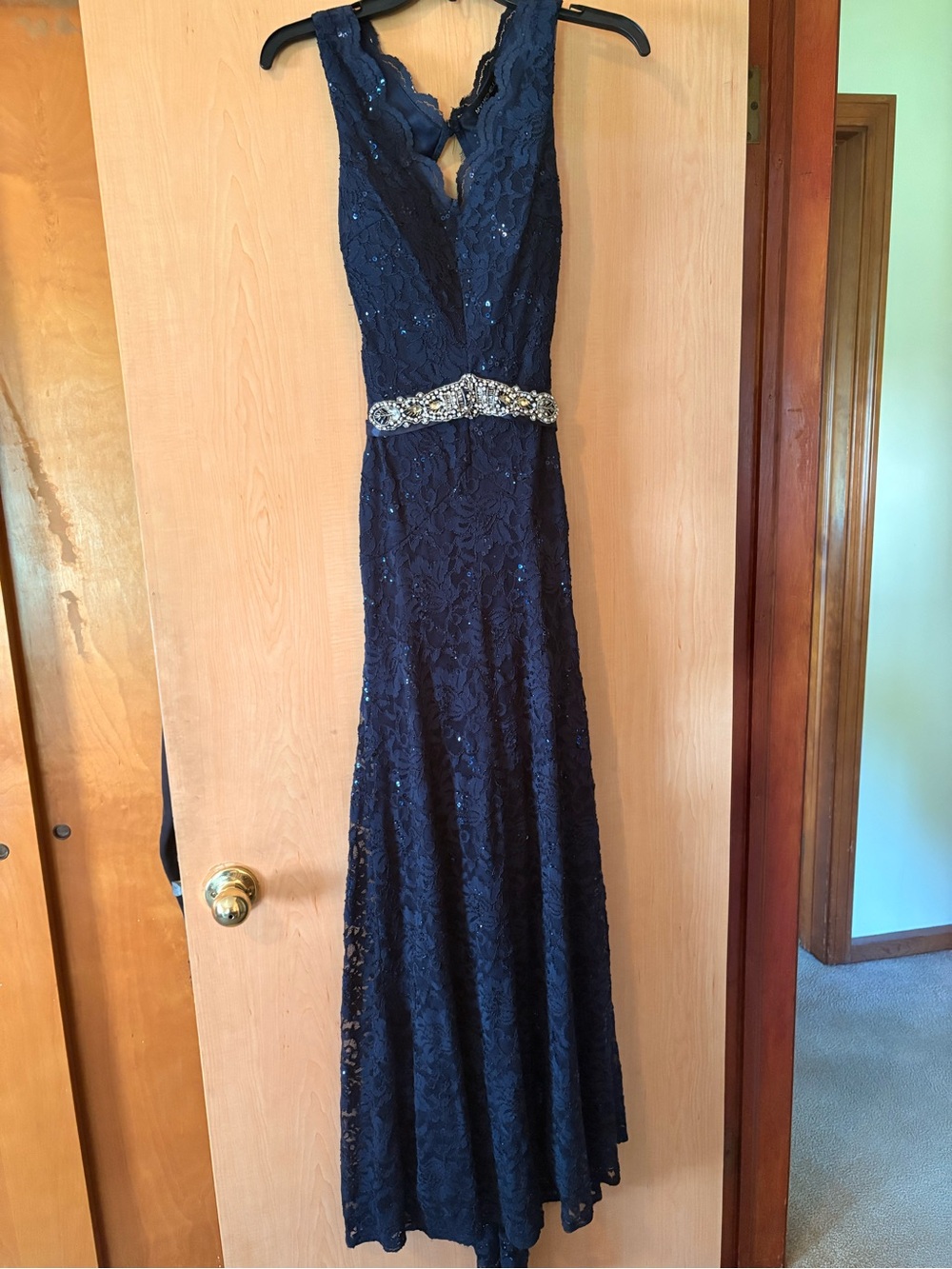 My Michelle Navy Lace Maxi Gown with Jeweled Waist